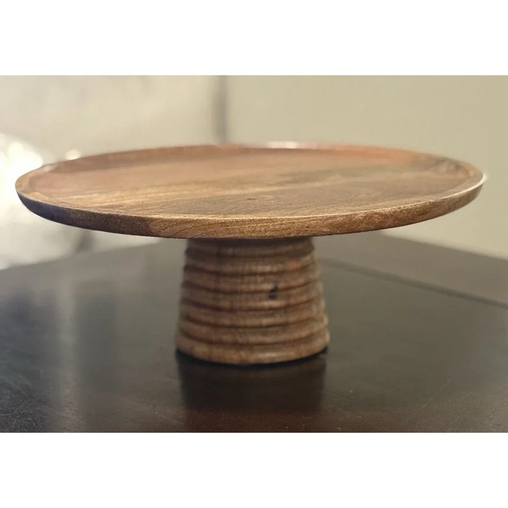 13” Mango Wood Round Ribbed Pedestal Cake Stand Serving Made in India World Mkt